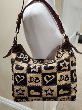 Dooney & Bourke Black and Brown Patchwork Logo Shoulder Bag